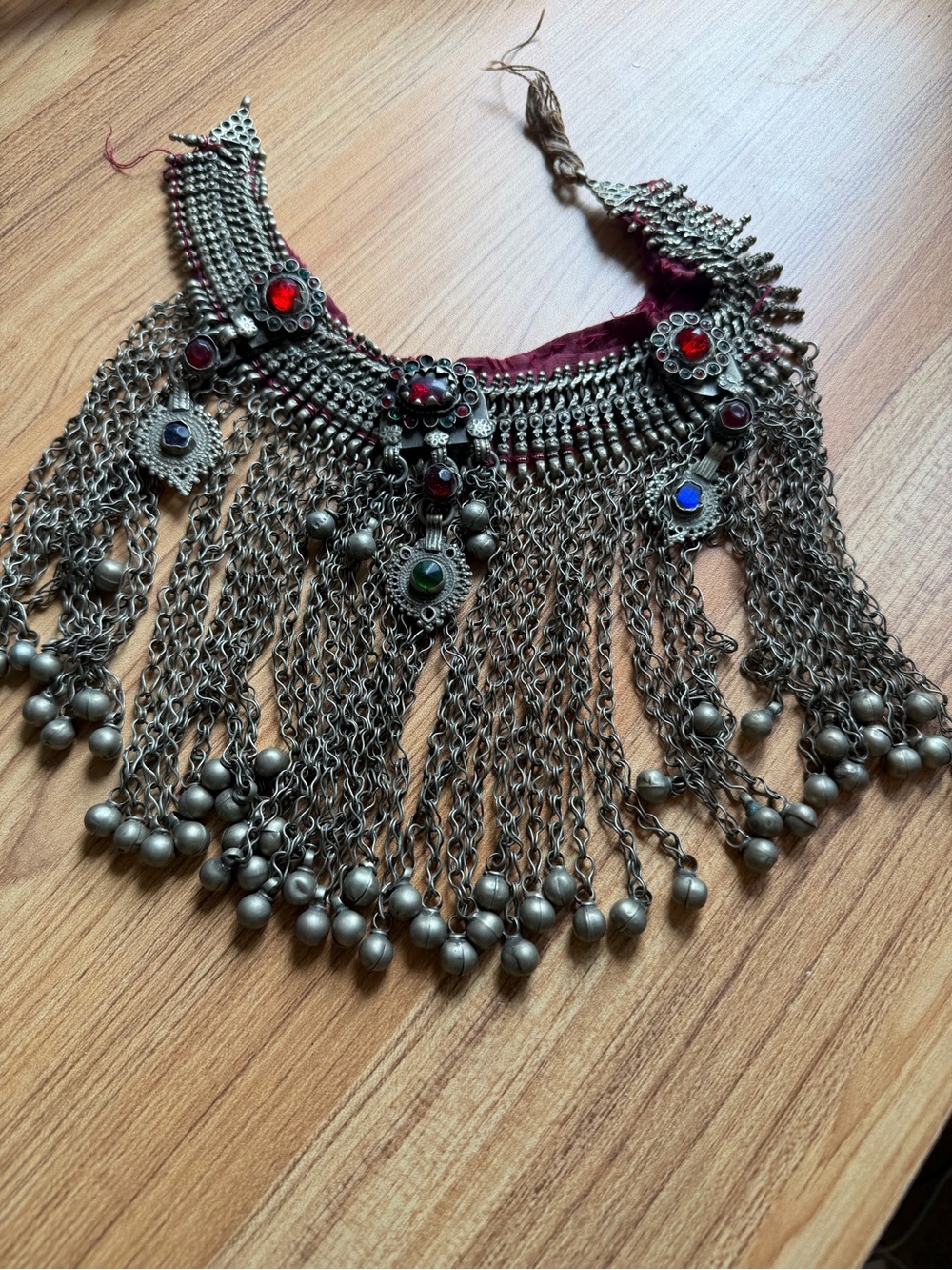 Vintage Tribal Statement Necklace Silver Tone Chain Fringe Red Green Blue Stones
